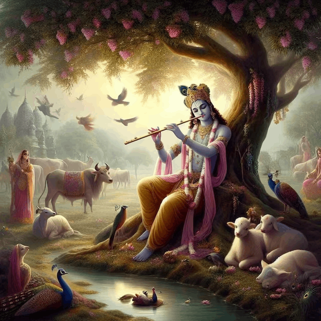 Krishna com Radha, animais e a natureza | Que todos os seres sejam livres e felizes